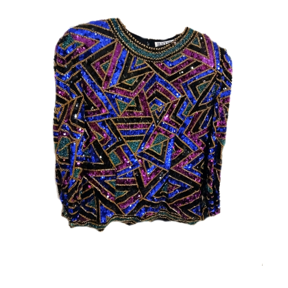 BLACK TIE Sequin Party Top, Medium,  black, purple, blue, fuscia, green, gold.